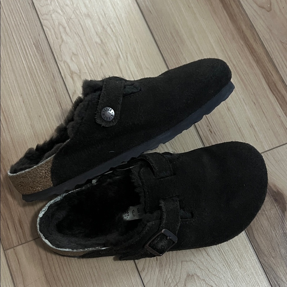 Brown Suede Shearling-Lined Birkenstock Slip-On Clogs